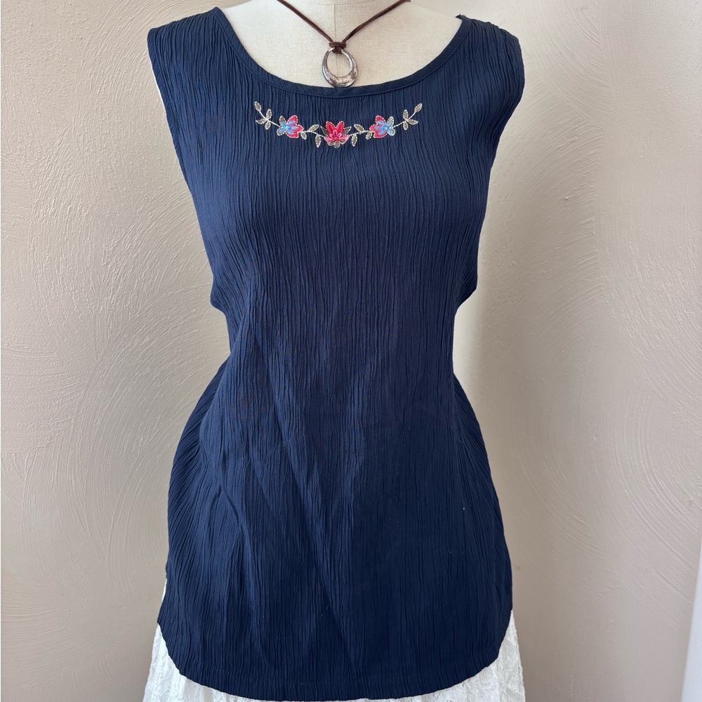 Jaclyn Smith Navy Tank with Embroidered Floral Trim